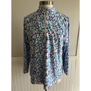 Lulu B Long Sleeve Quarter Zip Pullover Blue Coral Print  Athleisure Active L